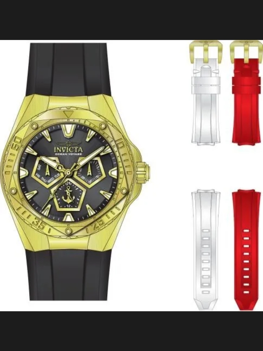 Invicta Gold and Black Dial Watch with Interchangeable Red and Clear Straps